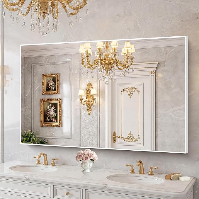 BONEWEI White Bathroom Mirror,55x36 inch Wall Mirror for Bathroom Wall Mounted,Large Rectangle Mirror for Bathroom Over Sink,Modern Metal Frame for Living Room,Bedroom Entryway,Horizontal/Vertical