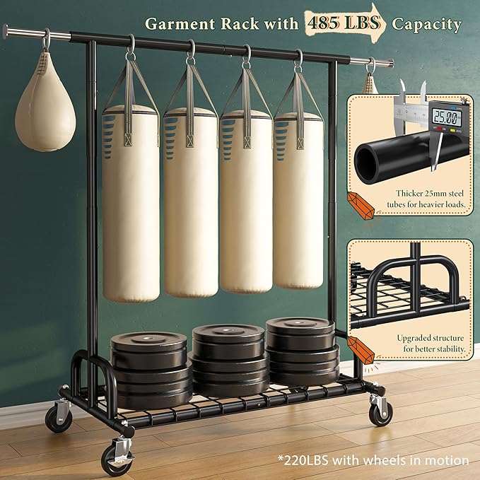 Raybee Clothes Rack Heavy Duty Load 530 LBS, Clothing Racks for Hanging Clothes, Rolling Clothing Rack, Extendable Adjustable Portable Clothes Rack, Metal Garment Rack, Black