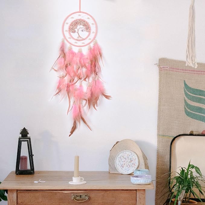 Pretty Jolly Pink Tree of Life Dream Catcher Wall Decor with Luminous Beads Handmade Crystal Stones Dreamcatchers Wall Hanging with Small Butterfly Pendant for Bedroom Wedding Party Wish Gift