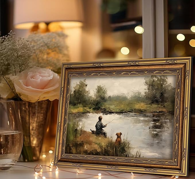 Vintage Gold Framed Wall Art Boy Fishing Country Oil Painting Canvas Prints Peaceful Lake Landscape with Dog Picture Rustic Farmhouse Poster Artwork for Nursery Living Room Bedroom, 12x16in