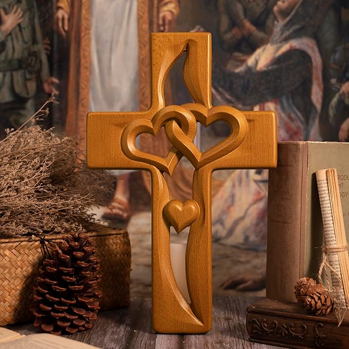 BGCOPPER Marriage Cross for Wall Love Wall Decor, Handmade Wooden Intertwined Heart Wall Cross for Wedding Valentine Christmas Gift (Wood, 14 Inch)