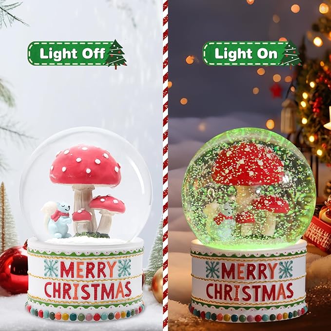 VCUTEKA Christmas Snow Globe, Musical Snow Globes for Girls with Light Up Mushroom and Squirrel, Christmas Snow Globe Decoration Gift, Battery Operated Snowglobes Christmas Décor