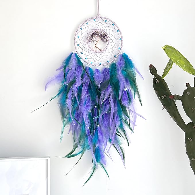 Dream Catchers, Purple Green Dream Catcher Tree of Life Wall Decor, with Natural Healing Crystal Stone, Perfect Handmade Dreamlike Crystal Dream Catcher for Bedroom Art Craft Gift