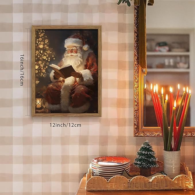 Framed Santa Christmas Wall Art, Vintage Santa Claus Reading Canvas Paintings, Christmas Print, Rustic Winter Holidays Decor, Farmhouse Christmas Pictures Wall Decor – 12x16in