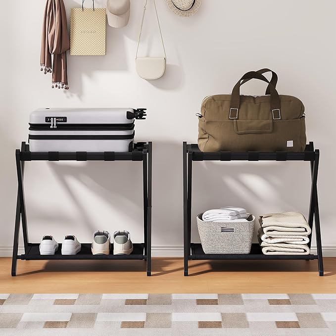 26.77" Full Assembled Luggage Rack for Guest Room, Set of 2 Bamboo Foldable Suitcase Stand, Bedroom & Hotel, Folding Luggage Holder with 5 Nylon Straps, 600D Oxford Fabric Shelf Black