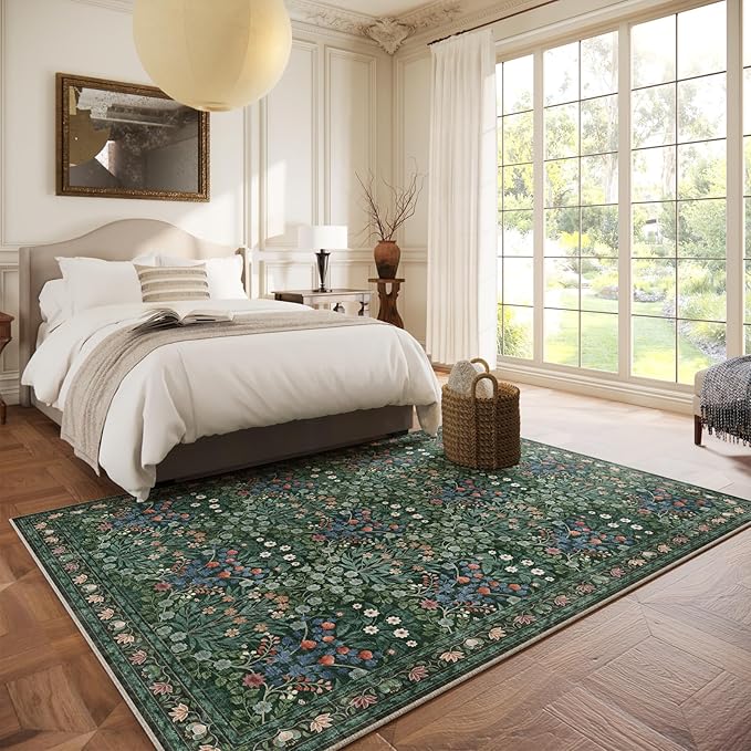 Floral Dark Green Area Rugs 5x7, Soft Washable Non-Slip Low Pile Boho Rugs for Living Room & Bedroom, Stain Resistant Forest Farmhouse Large Carpet for Dining Room & Office