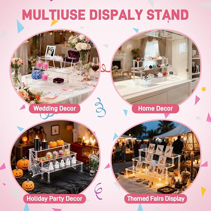 2 Packs Acrylic Display Stand Riser,3 Tier Perfume Organizer Cupcake Stand Acrylic Pop Shelves Holder,Clear Desk Display Shelf for Figure,Trinket,Collectibles,Dessert Tray Stands for Party Decor-7.9in