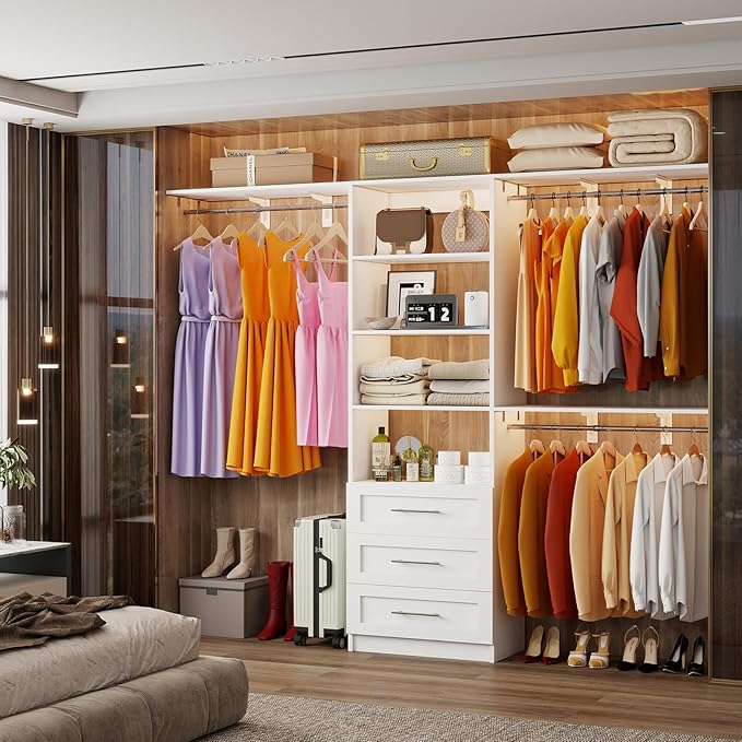 Closet System with 3 Wood Drawers, 5-8FT Closet Organizer System with Cuttable Shelves for Walk in Closet with 3 Expandable Hanging Rods, Heavy Duty Built-in Closet for Bedroom, White