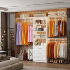 Closet System with 3 Wood Drawers, 5-8FT Closet Organizer System with Cuttable Shelves for Walk in Closet with 3 Expandable Hanging Rods, Heavy Duty Built-in Closet for Bedroom, White