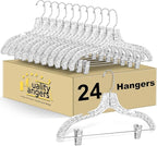 Quality Clear Plastic Skirt Hangers - 24 Pack Crystal Cut Pants Dress Durable Plastic Hanger Set with Adjustable Clips - Heavy Duty Hangers