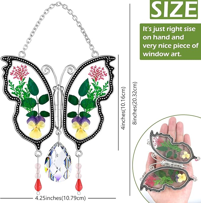 KY&BOSAM Crystal Butterfly Suncatcher Gifts for Mom Stained Glass Butterfly Wind Chime for Windows Hanging Pressed Rearl Flower Wings and Crystal Charm Gift for Mom Mother`s Day Birthday Christmas