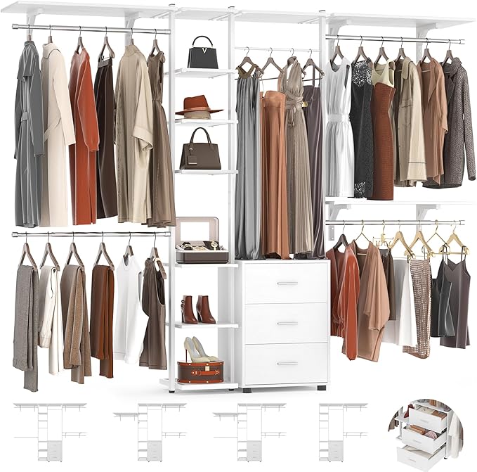 Aheaplus Closet System with Drawers, Closet Organizer System Storage with Shelves, 96'' Walk-in Closet with 5 Hanging Rods, Heavy Duty Wall Mounted Clothes Wardrobe Garment Rack,-Metal Frame, White