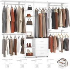 Aheaplus Closet System with Drawers, Closet Organizer System Storage with Shelves, 96'' Walk-in Closet with 5 Hanging Rods, Heavy Duty Wall Mounted Clothes Wardrobe Garment Rack,-Metal Frame, White