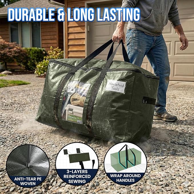 TAILI 8 Pack Green Extra Large Storage Bags, Heavy Duty Totes with Visible Window, Wrap Around Handles, Perfect for Moving