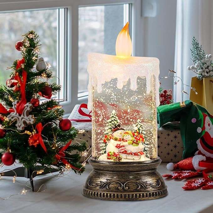 GenSwin Christmas Snow Globe Candle, Swirling Glittering Candle with Timer, Music, Snowmans Scene, Winter Snow Shaped Lantern, USB/Battery Operated Candles for Christmas Decoration