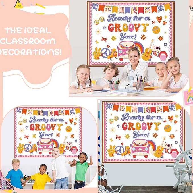 Pajean Groovy Bulletin Board Retro Hippie Boho Classroom Decoration Ready for a Groovy Year Paper Cutouts for Back to School First Day Door Wall Window Chalkboard Decor