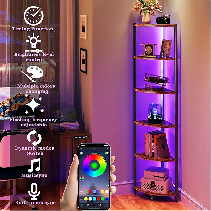 Corner Shelf with LED Lights, 6-Tier Corner Bookshelf, 66'' Organizer Book Shelf Shelves Steel Frame Display Stand with Living Room, Bedroom, Study, Rustic Brown
