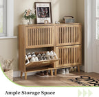 Shoe Storage Cabinet with Louvered 2 Flip Drawers, Narrow Shoe Cabinet Storage for Entryway, Freestanding Shoe Organizer Cabinet with Golden Handles, Slim Shoe Rack Cabinet 23.5in (Natural Wood)