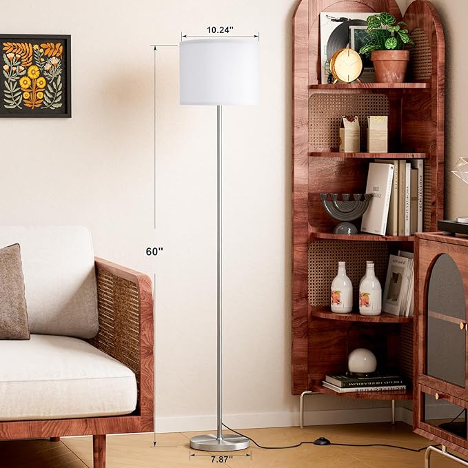 Ambimall 60'' Modern Floor Lamp with Shade, Tall Lamps for Living Room, Bedroom, Office, Dining Room, White Shade with Silver Pole(Without Bulb)