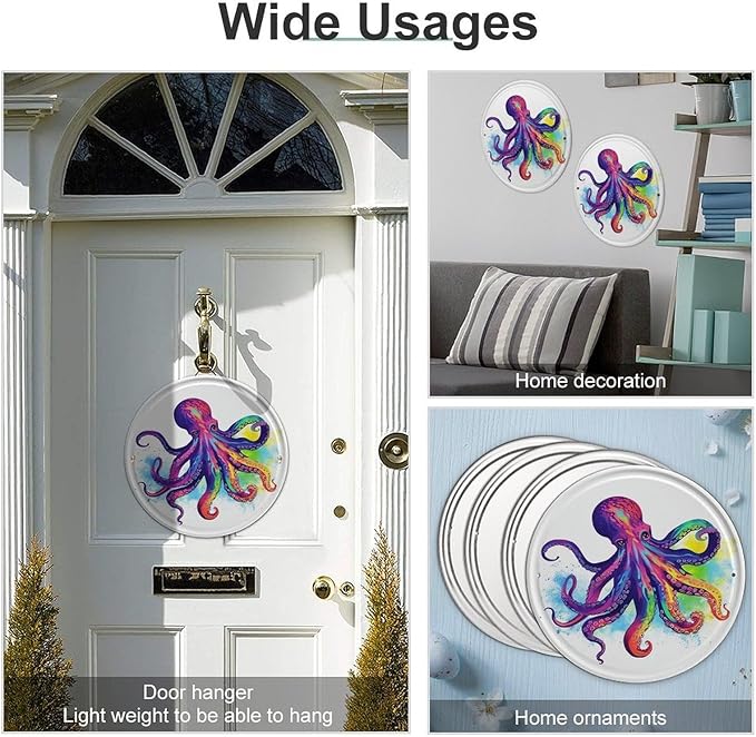 Wall Picture, with Colorful Octopus Printed Circular Iron Hanging Picture,Wall Art Decor,Home for Bedroom Living Room Bathroom Decor,Iron Painting 11.8X11.8 in