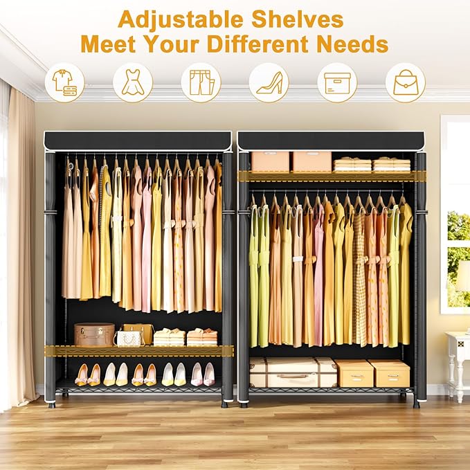 H5C Plus Clothes Rack with Cover, Portable Closet for Hanging Clothes, Covered Clothing Racks Heavy Duty, 3-Tiers Garment Rack with Shelves Max Load 370LBS Black Closet Rack with Black Cover