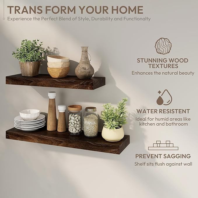Marsmiles 16 inch Floating Shelves for Wall Elm Wood Live Edge Shelves|Rustic Wall Shelves with Invisible Heavy-Duty Bracket for Bathroom Living Room Kitchen|Walnut, 2 Pack