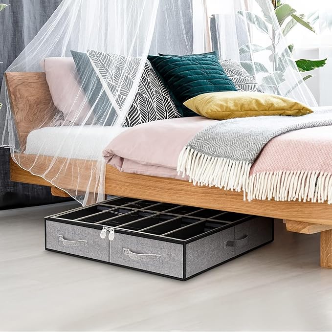 Under Bed Shoe Storage Organizer, Set of 2, Underbed Shoes Container with Adjustable Dividers, Fits 24 Pairs, Gray
