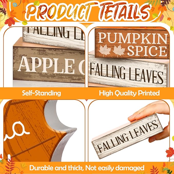 Moucuny 4 Pcs Fall Decor Wooden Maple Leaf Decoration Thanksgiving Tiered Tray Decor Rustic Wooden Maple Leaf Block Sign Thanksgiving Table Centerpiece Farmhouse for Autumn Harvest Party Home Kitchen