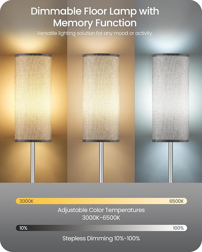 Dimmable Floor Lamps for Living Room with Remote and Foot Switch, 64.4” Modern Standing Tall Lamp, Corner Lamp for Bedroom, Office, Bulb Included, 3000K-6500K, Gray and Silver, FCC Listed SH06LD05W1