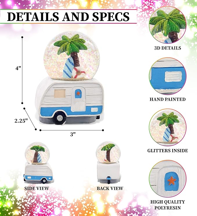 CoTa Global Palm Tree RV Camper Snow Globe Decor - Elegant Pink Sparkle Glitter Inside The Snow Globe, RV Camper Figurines for Kids and Adults, Collectible Snow Globes for Birthday, Christmas - 65 mm