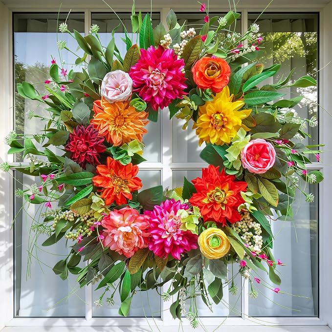 Spring Wreaths for Front Door Outside,24 Inch Summer Wreath with Peony Dahlia Rose and Greenery,Outdoor Wreath for Farmhouse Wall Porch Home Decor