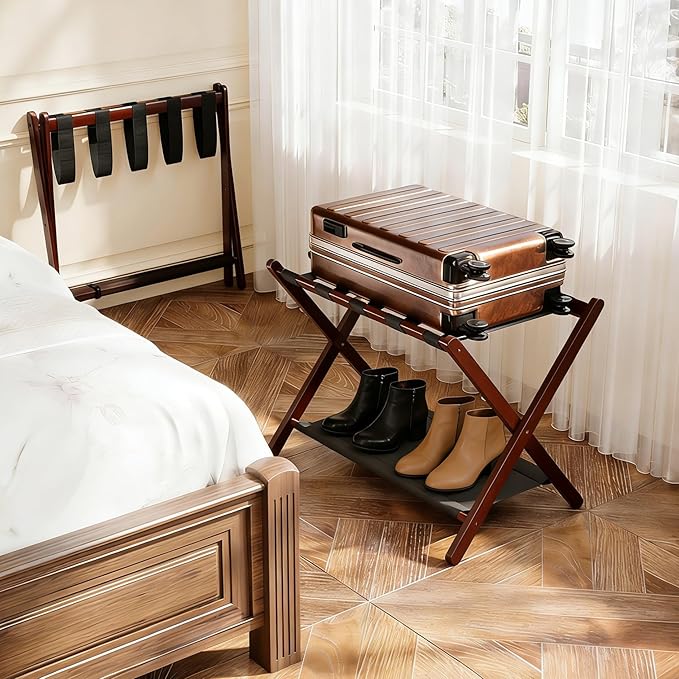2 Pack Bamboo Luggage Rack for Guest Room, 26.77" Folding Wide Suitcase Stand with Fabric Storage Shelf, Thickened Luggage Stand Holder for Bedroom Hotel, Luggage Rack for Suitcases (2 Pack - Brown)