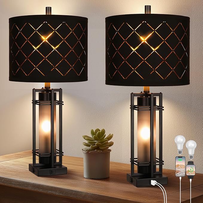 Modern Table Lamp Set of 2, Nightstand Lamps with Black Grid Shade, Bedside Lamps with USB A+C Charging Ports, Decorative Table Lamp, Square Base, Desk Lamps for Living Room, Bedroom, 2 Bulbs Included