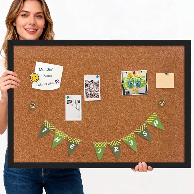 24" x 36" Cork Board Bulletin Board, Black Framed Corkboard, Oak Frame, Decorative Hanging Pin Board, Perfect for Office & Home Decor, Home School Message Board or Vision Board