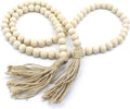 CVHOMEDECO. Wood Beads Garland with Tassels Farmhouse Rustic Wooden Prayer Bead String Wall Hanging Accent for Home Festival Decor. Natural
