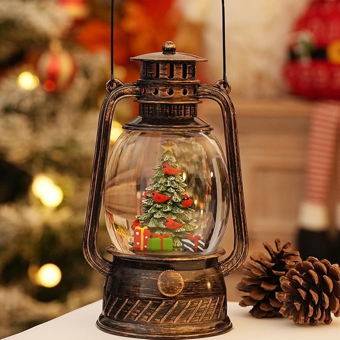 Snow Globe Christmas Decorations, Musical Christmas Snow Globes Glitter Tree Lantern Light Up 6H Time USB Lined/Battery Festival Snow Globes for Adults
