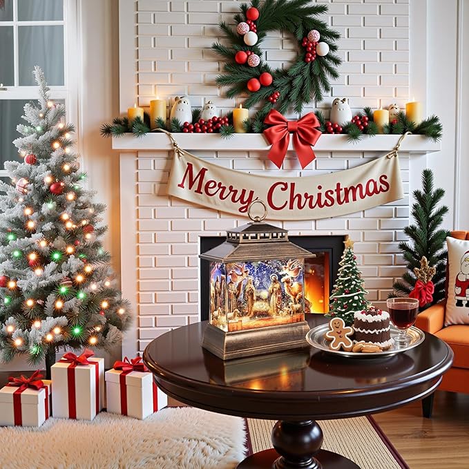Christmas Snow Globe Lantern Water Glittering Lantern with 8 Songs & 6H Timer Romote Control Christmas Snow Globes USB & Battery Operated for Christmas Festival Decorations Gifts (Nativity)