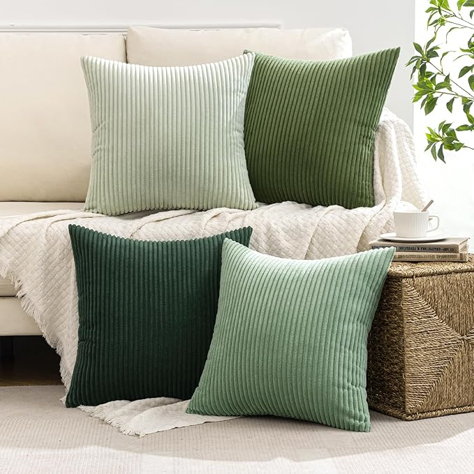 MIULEE Boho Farmhouse Sage Green Throw Pillow Covers 16x16 Inch Set of 4 Mordern Nordic Cushion Covers Soft Corduroy Spring Home Decor for Couch Bed Sofa Living Room Forest Green