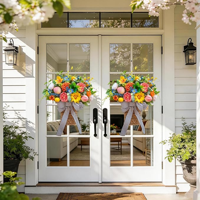 Pinkpuii Spring Summer Door Hanger Basket Wreaths for Front Door, Artificial Peony Hydrangea Flower Wreath with Blueberries & Realistic Peach & Lemon- Ideal for Home Porch Entryway Window Wall Decor