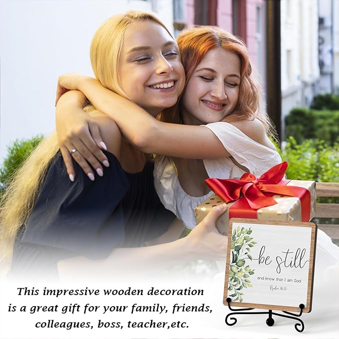 Inspirational Christian Desk Decor, Be Still And Know That I Am God Rutsic Sign, Desk Decorations For Office Home Living Room Bathroom, Eucalyptus Shelf Decor, Wooden Plaque With Stand (03)