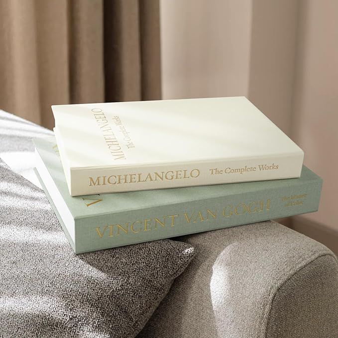1DOT2 Aesthetic Decorative Books -Set of 2 Minimalist Linen Hardcover Faux/Fake Books for Coffee Table Home Decor Living Room Decoration, Photo Storage or as a Keepsake Box(Sage-beige-artist)