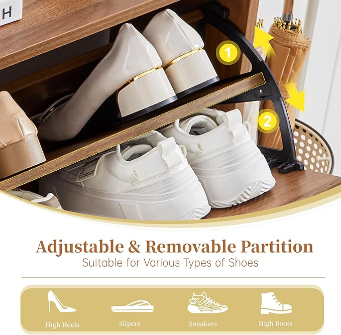 BERRYMERRY 47.2” Shoe Storage Cabinet for Entryway with 4 Flip Drawers, Narrow Shoe Organizer with Wave&Fluted Panel, Freestanding Wood Hidden Shoe Cabinet for Hallway