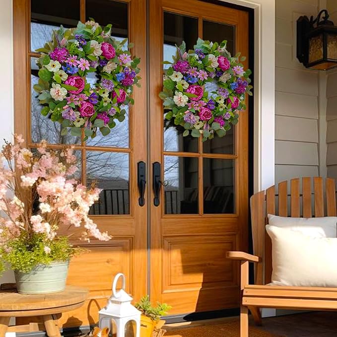 Spring Wreaths for Front Door Outside 24 Inch Spring Door Wreath with Pink Peony,Rose and Blue Hydrangeas, Handmade Silk Summer Wreaths for Front Door Home Wall Window Proch Seasonal Decor