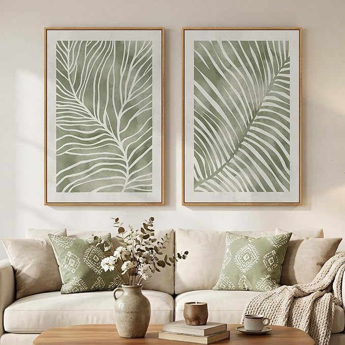 Framed Green Abstract Botanical Wall Art, 2 Piece Tropical Plant Canvas Painting Prints Artwork for Walls, Minimalist Boho Neutral Palm Leaf Pictures for Living Room Bedroom Kitchen Wall Decor, 24x36