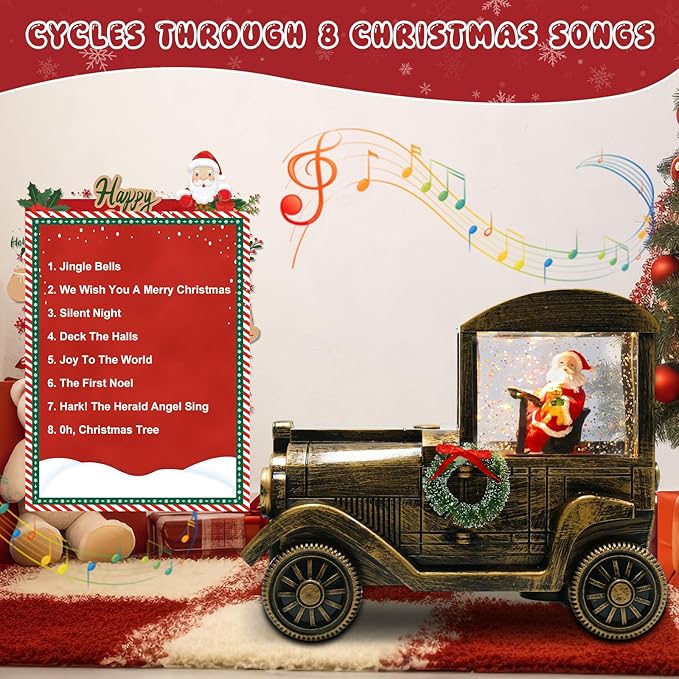 Christmas Snow Globe Lantern Truck Water Glittering Globe with Santa 8 Music Songs Christmas Snow Globes USB & Battery Operated for Christmas Festival Decorations Gifts (Truck-Santa)