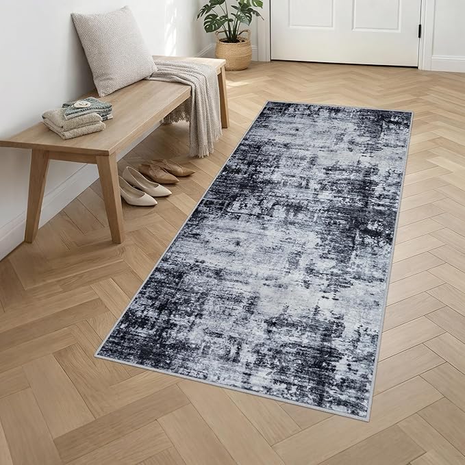 Washable Area Rug 3x8 Entryway Rug: Washable Modern Abstract Soft Thin Rug Indoor Floor No Slip Stain Resistant Carpet for Bedroom Dining Room Farmhouse Nursery Home Office - Dark Black