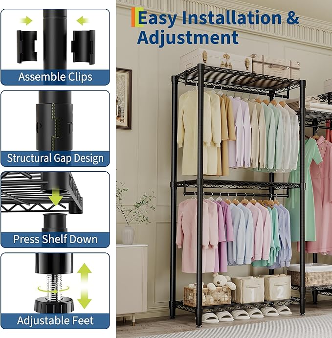 Heavy Duty Portable Closet Wardrobe Load 1874LBS,Metal Clothes Rack Garment Rack Free Standing Closet Organizers and storage with 8 Adjustable Shelves, 5 Hanging Rods 76.5"H x 73.6"L x 17.4"W