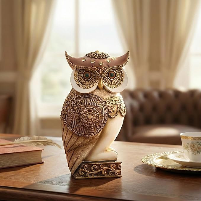 Owl Statue for Home Decor Accents, Shelf Bookshelf Table Office Living Room Decor Owl Figurine, Ideal Gifts for Bird Lovers, Antique Golden Color