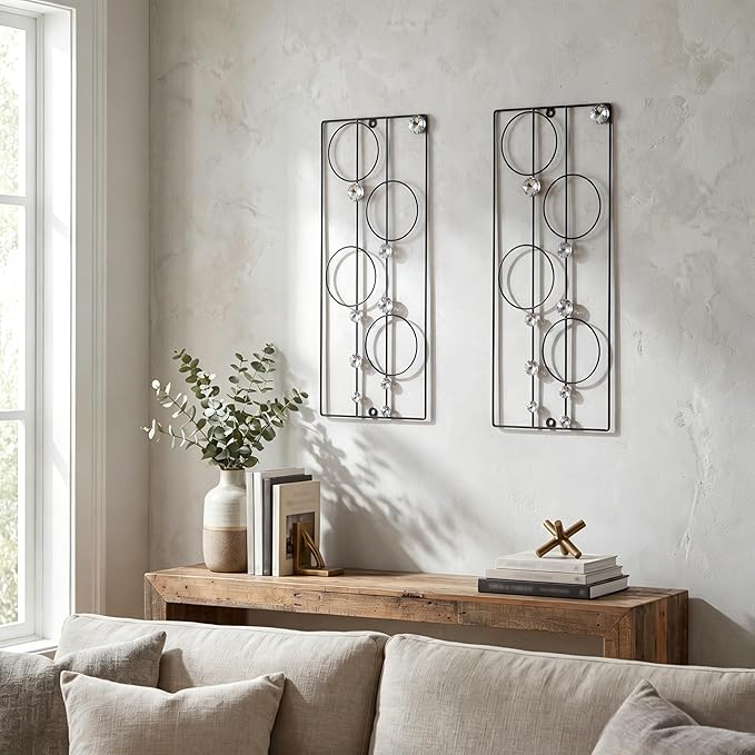 ZEXUIRU 2 Pcs. Abstract Metal Art for Wall Decor Living Room Bedroom Bathroom Office Metal Bling Modern Geometric Hanging Vertical Small Iron Sculpture Plaque Pack -Black 24in