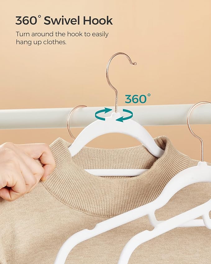 SONGMICS Velvet Hangers, Set of 50 Clothes Hanger with Rose Gold Swivel Hook, Non-Slip, and Space-Saving, 0.2-Inch Thick, 17.1-Inch Long for Coat, Shirt, Dress, Pants, Tie, Cloud White UCRF021W02
